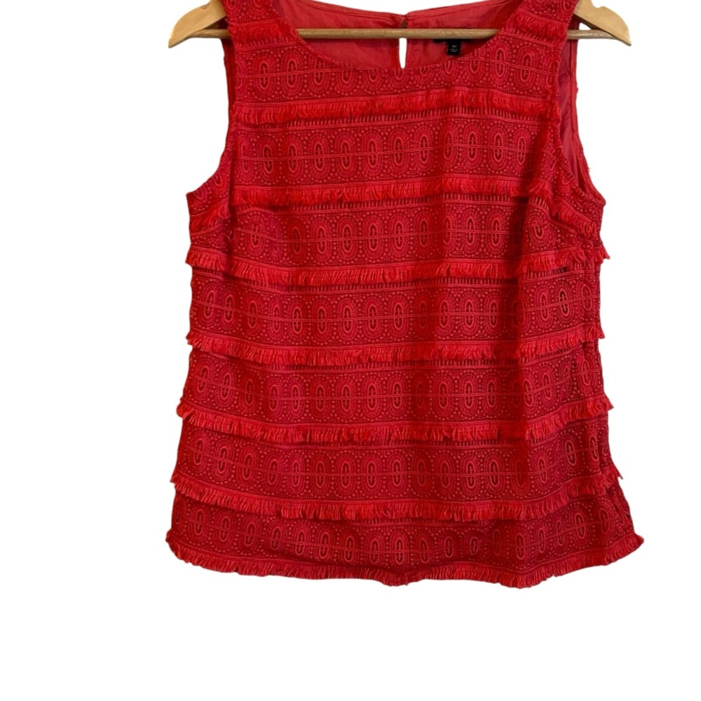 Talbots Women Top 6P Coral Boho Crochet Fringe Tiered Cottagecore Girly Beachy